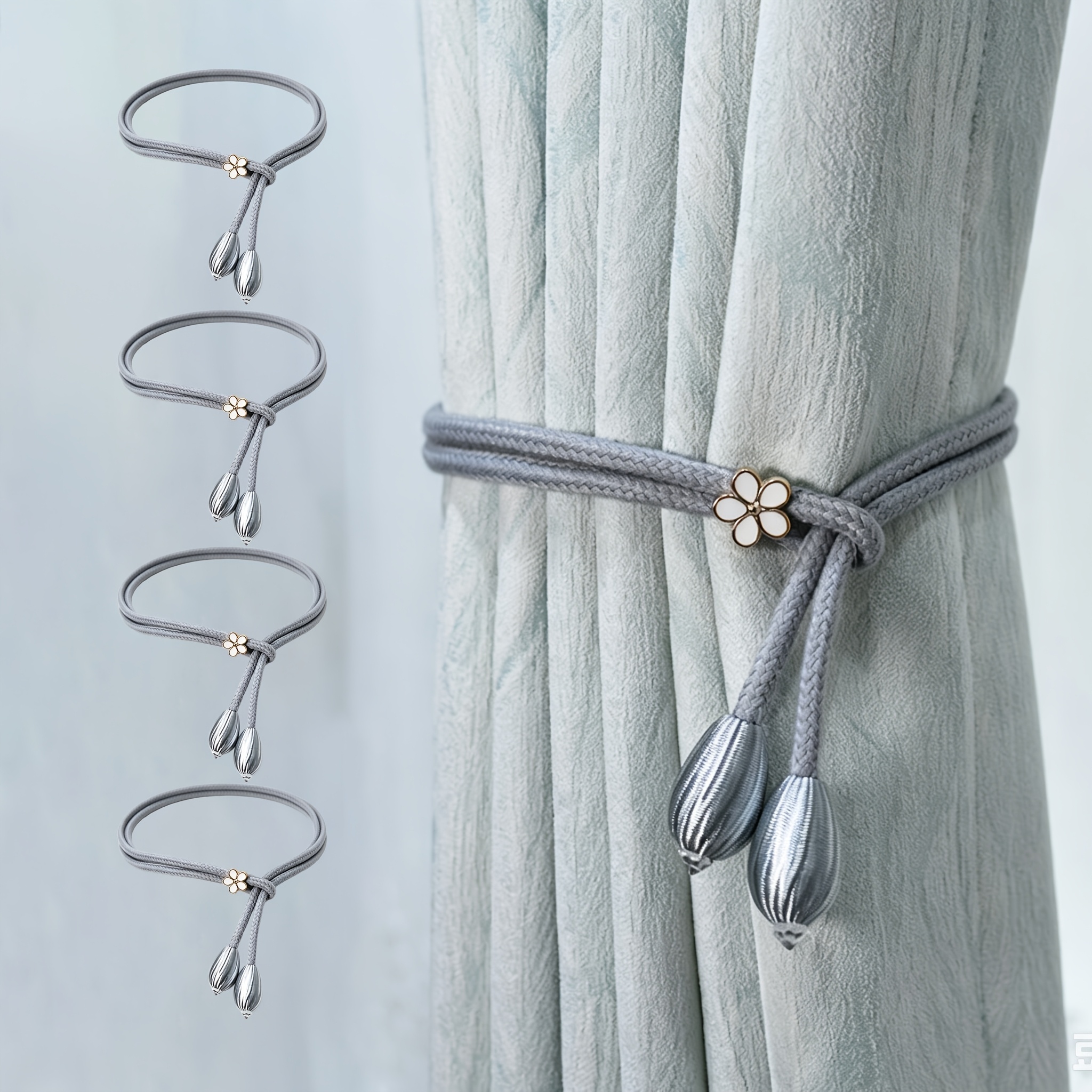 TEMU 4pcs Set Of Floral Decorative Curtain Ties, Water Drop Embellished Braided Ropes For Curtains, Adjustable Curtain Bundles For Bedroom And Living
