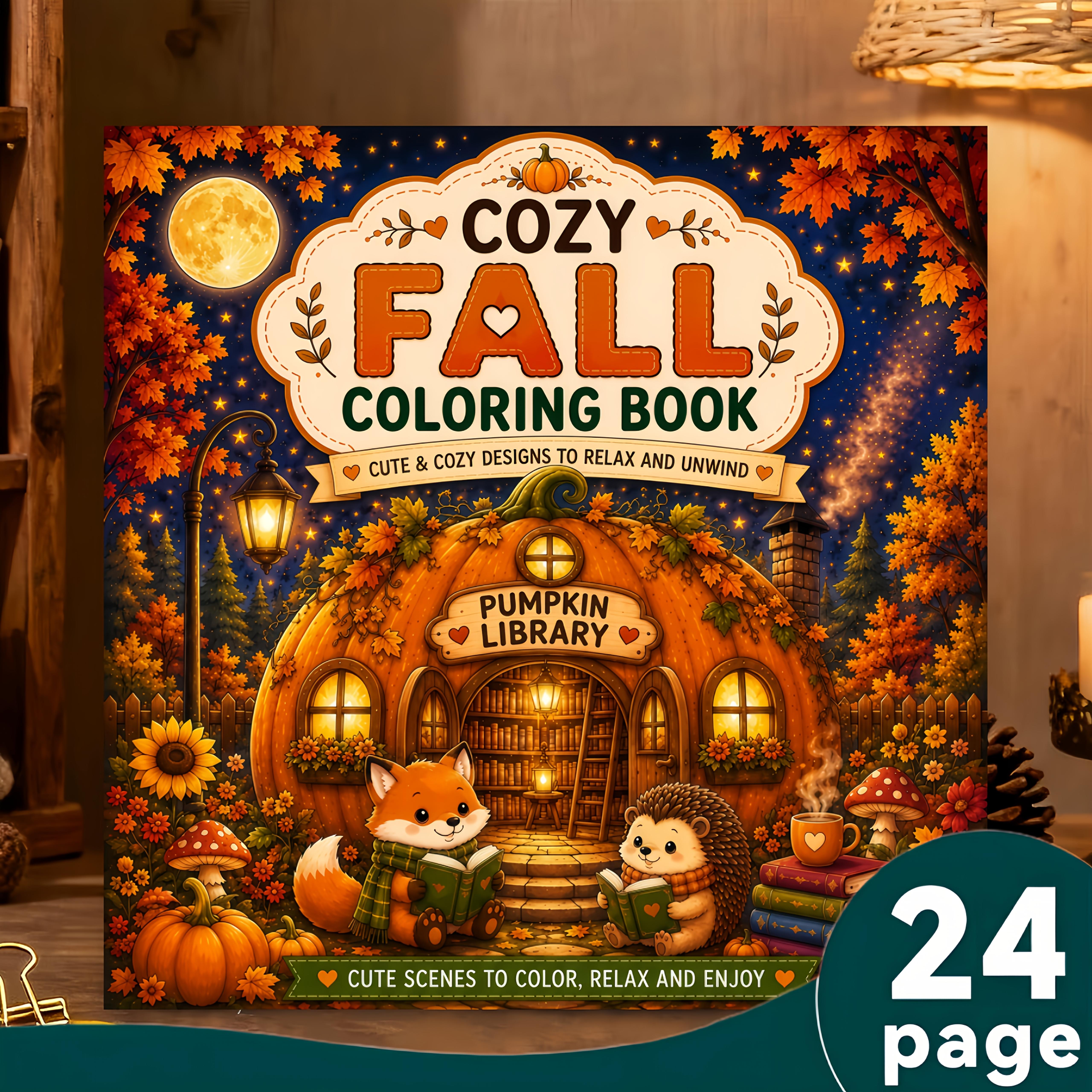 TEMU Cozy Autumn Coloring Book, 24 Pages Of Adorable Coloring Pages Depicting Autumn Scenes, Designed For Children And Teenagers Who Love Relaxed