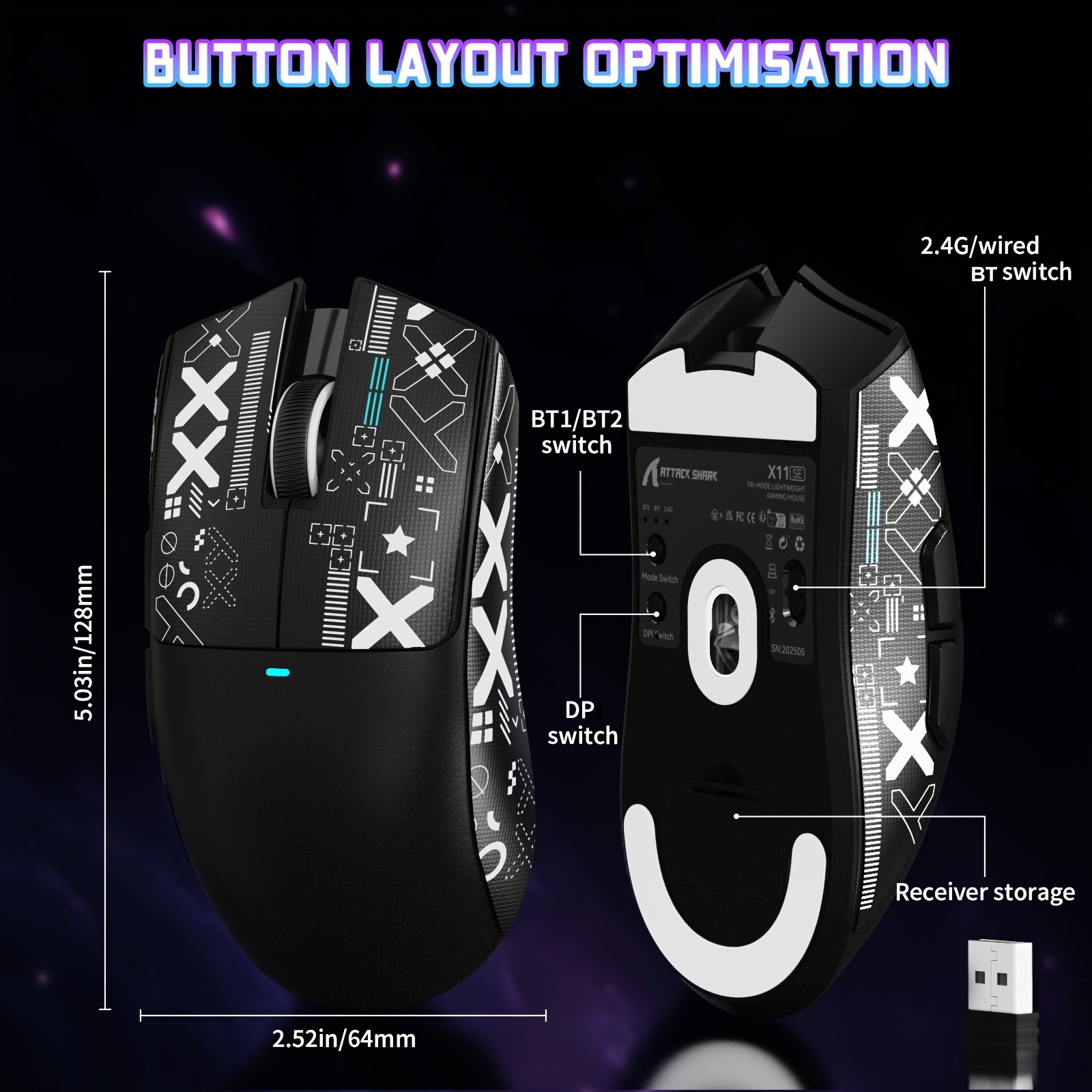 shark x11se wireless gaming mouse 63g ultra wireless 2 4g wired 1000hz   paw3311 sensor 300mah battery right left hand compatible compatible with pc   ps   rgb free low   Product details 5