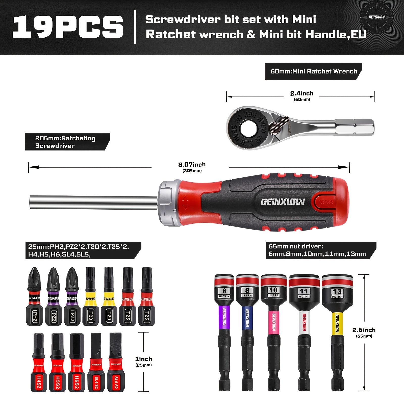 19pcs Magnetic Ratchet Screwdriver Tool Kit, Multifunctional Screwdriver Handle With Socket Bits & Mini Ratchet Wrench For Home Car Repair