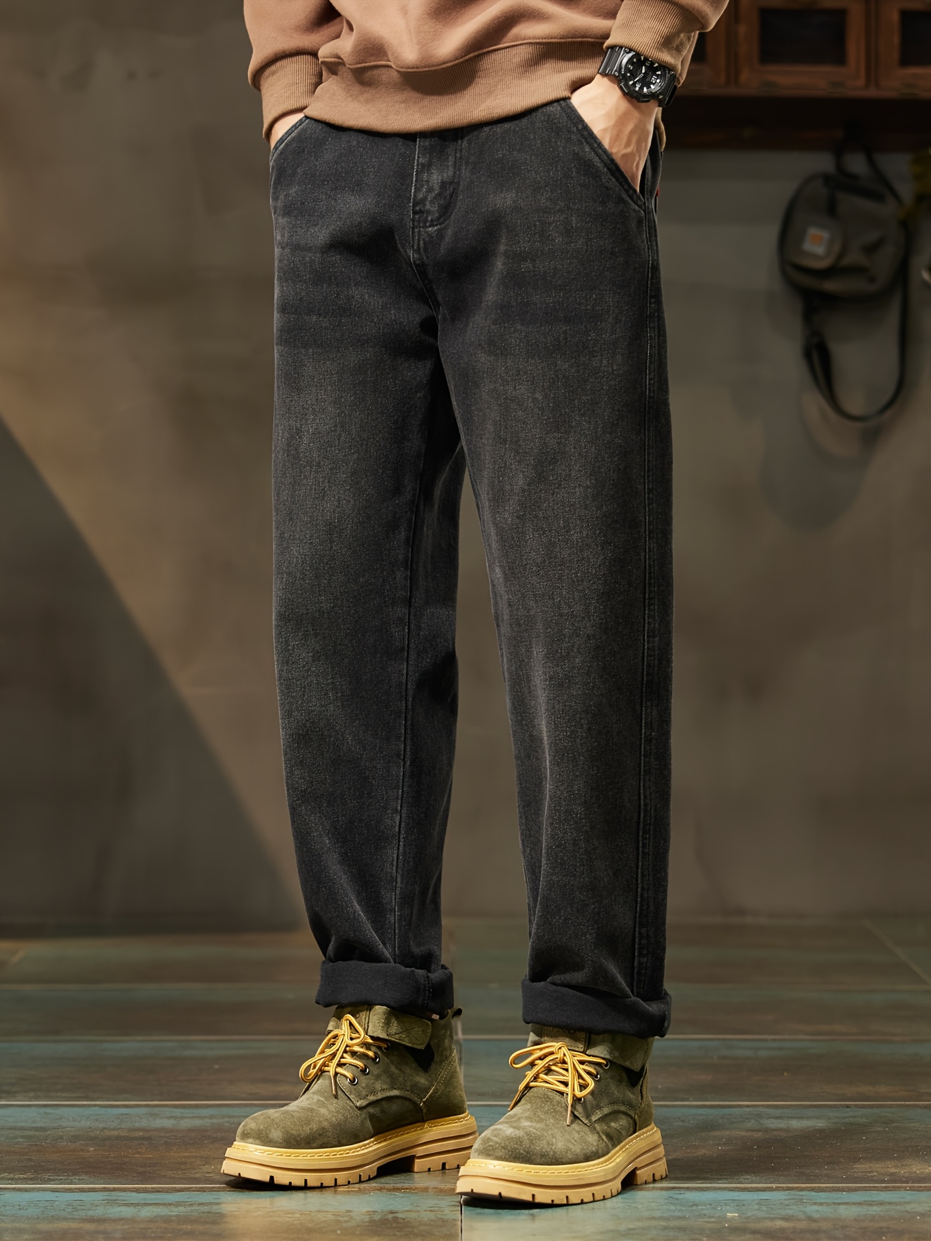 Men's High-Waist Loose Fit Black Denim Jeans - Straight Leg, Casual Street Style, Comfortable & Versatile for Casual Attire, Straight Leg Jeans, Highwaisted Pants, Trendy Streetwear, Washed Texture Denim, Solid Color Design
