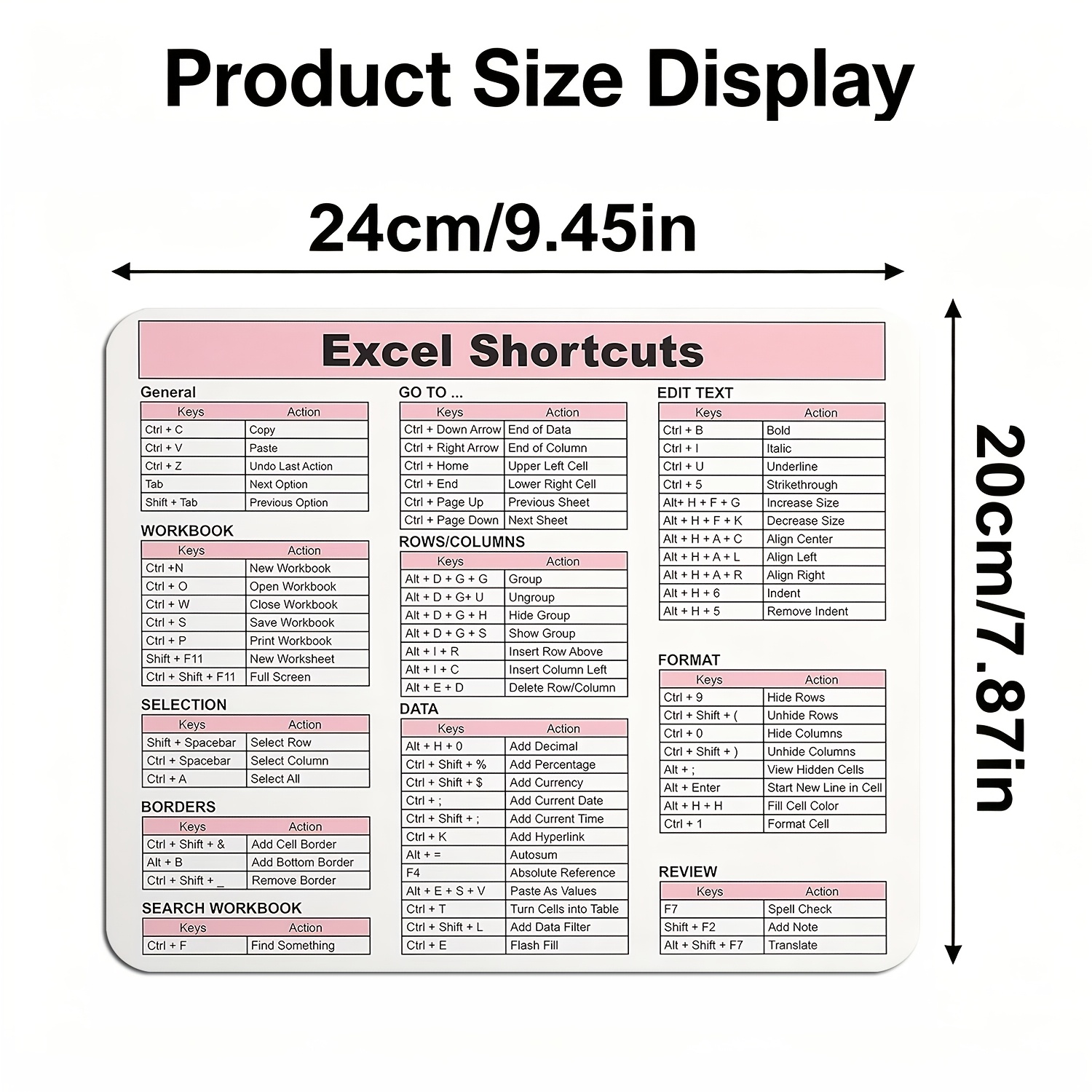 TEMU 1pc Fashion Mouse Pad, Excel Shortcuts Text Design, Non-slip Rubber Base, Desktop Accessory For Computers Laptops And , Desk Mouse Mat For Home