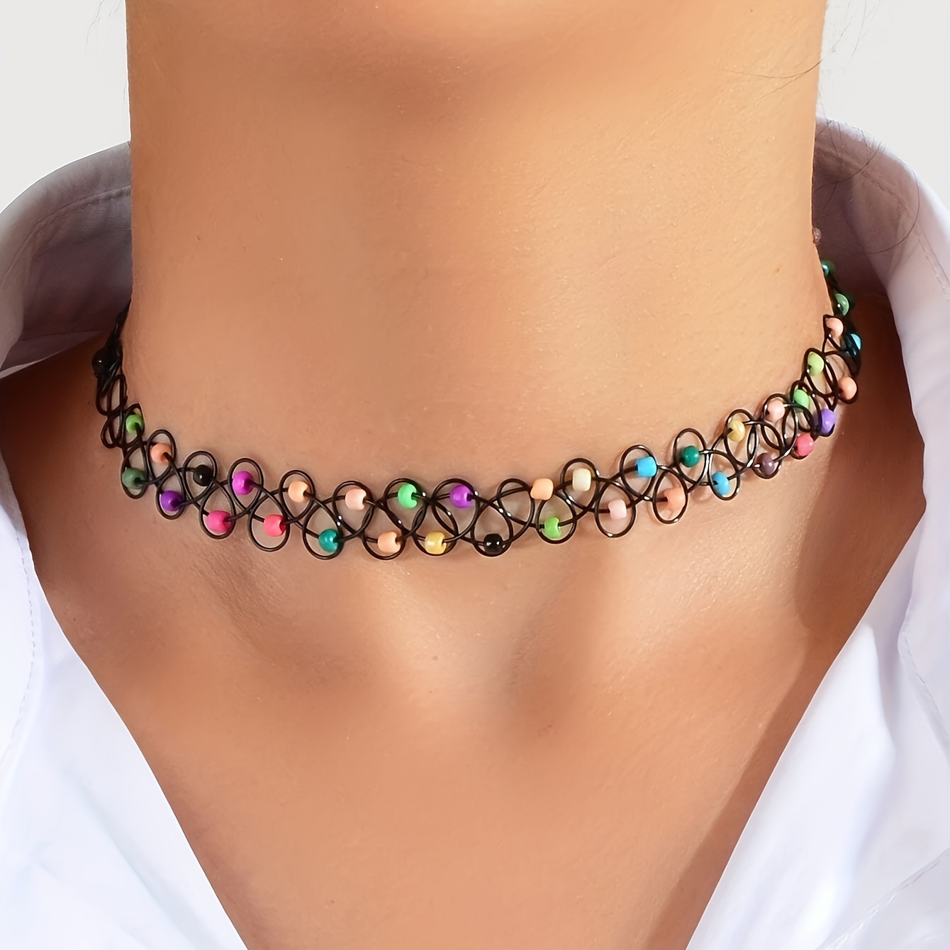 

Boho Vacation Style Elastic Choker Necklace With Colorful Beads, No Plating - Versatile Plastic Neck Accessory For Daily Wear And Holiday - Fits All Seasons