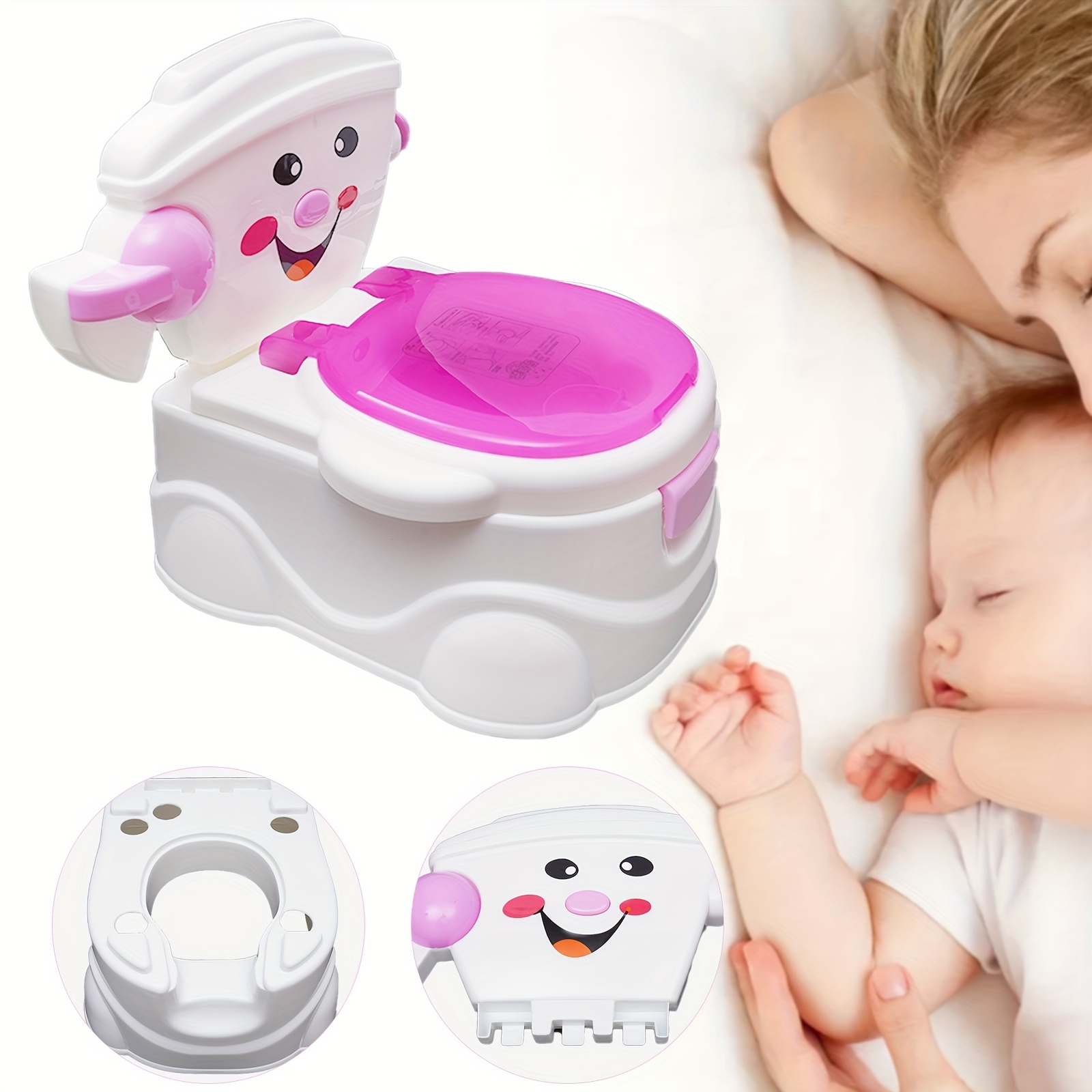 1 komad Dječji WC za obuku s nasmiješenim licem i simuliranim ispiranjem - Slatka stolica za obuku na nošu, čvrsti PP, uklonjivi poklopac - za kućnu upotrebu, pomagalo za obuku na nošu (Roza/Bijela)