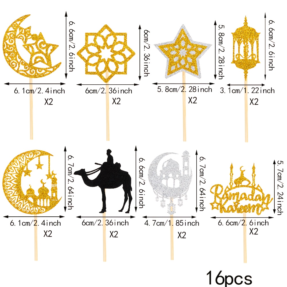 16pcs Eid Cupcake Decorations Camel Star Supplies Party Cake Ornaments