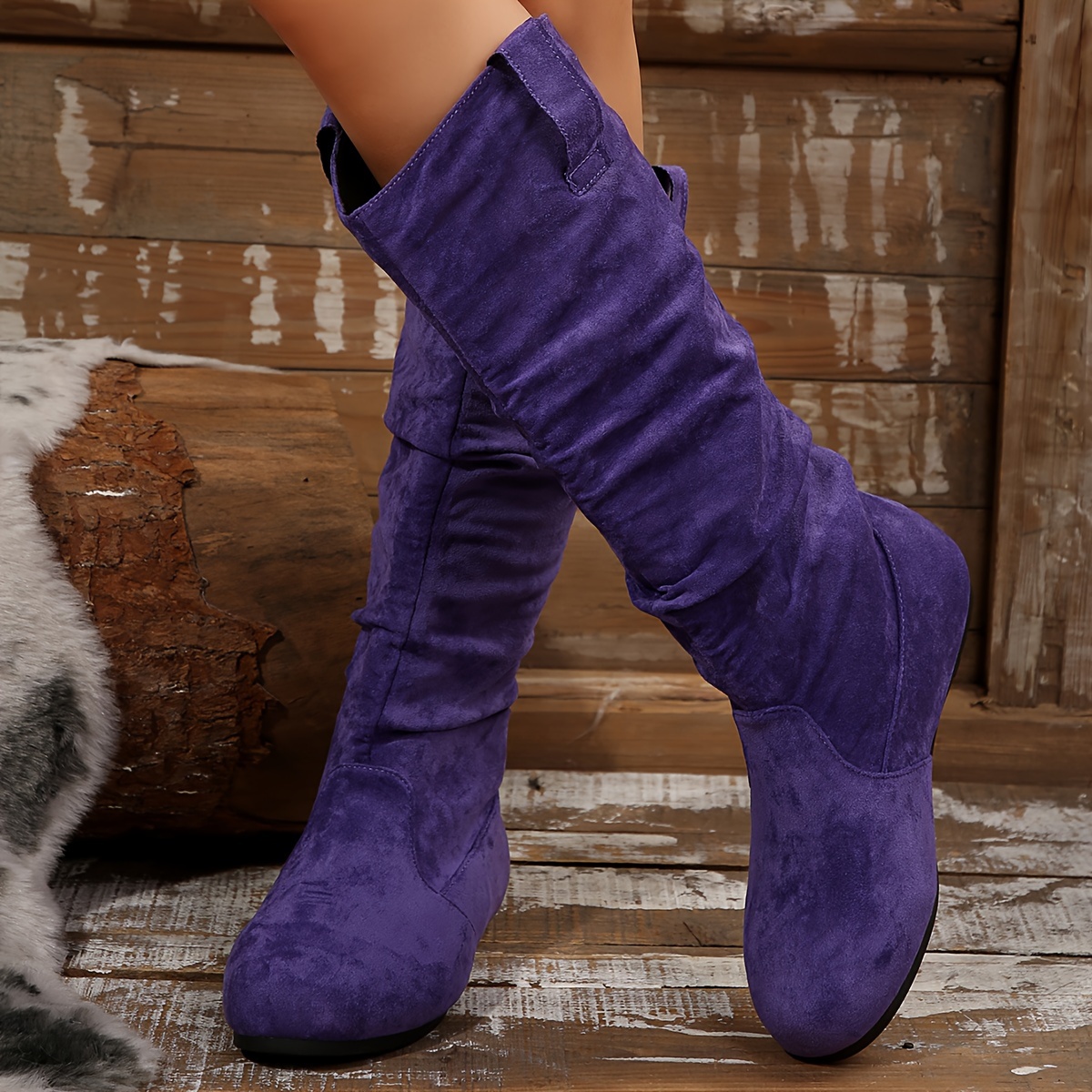 womens 2024   pleated knee high boots slip on flat round toe warm   boots women shoes