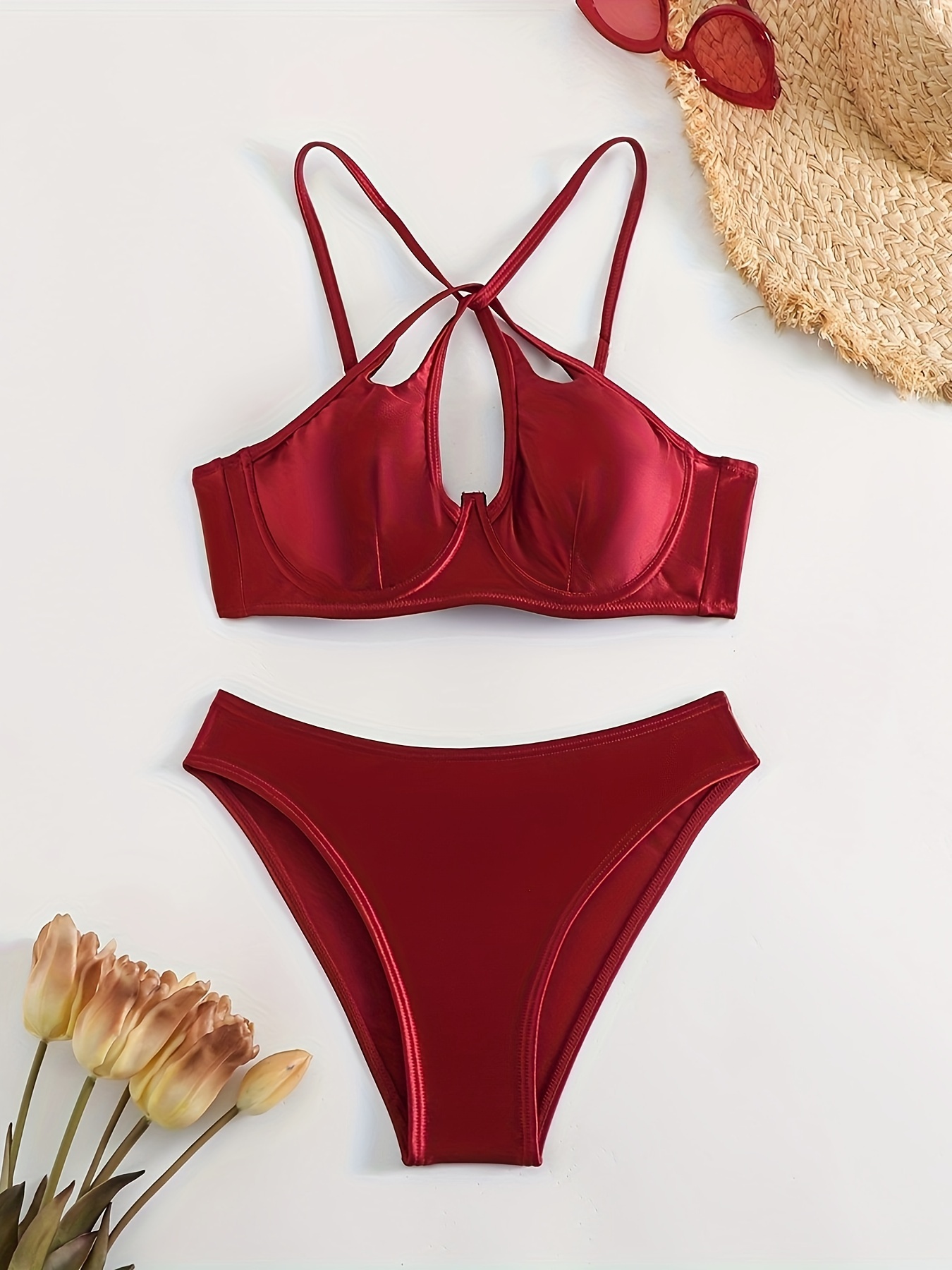 Lace Trim Contrast Color Halter Neck Bikini Sets Drawstring - Temu