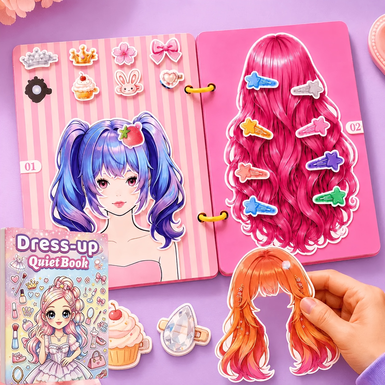 TEMU Children' Salon Busy Book, A 4-in-1 Hair Styling, Dress-up, Makeup, And Nail Art Quiet Book, With Over 90 Reusable Accessories, For