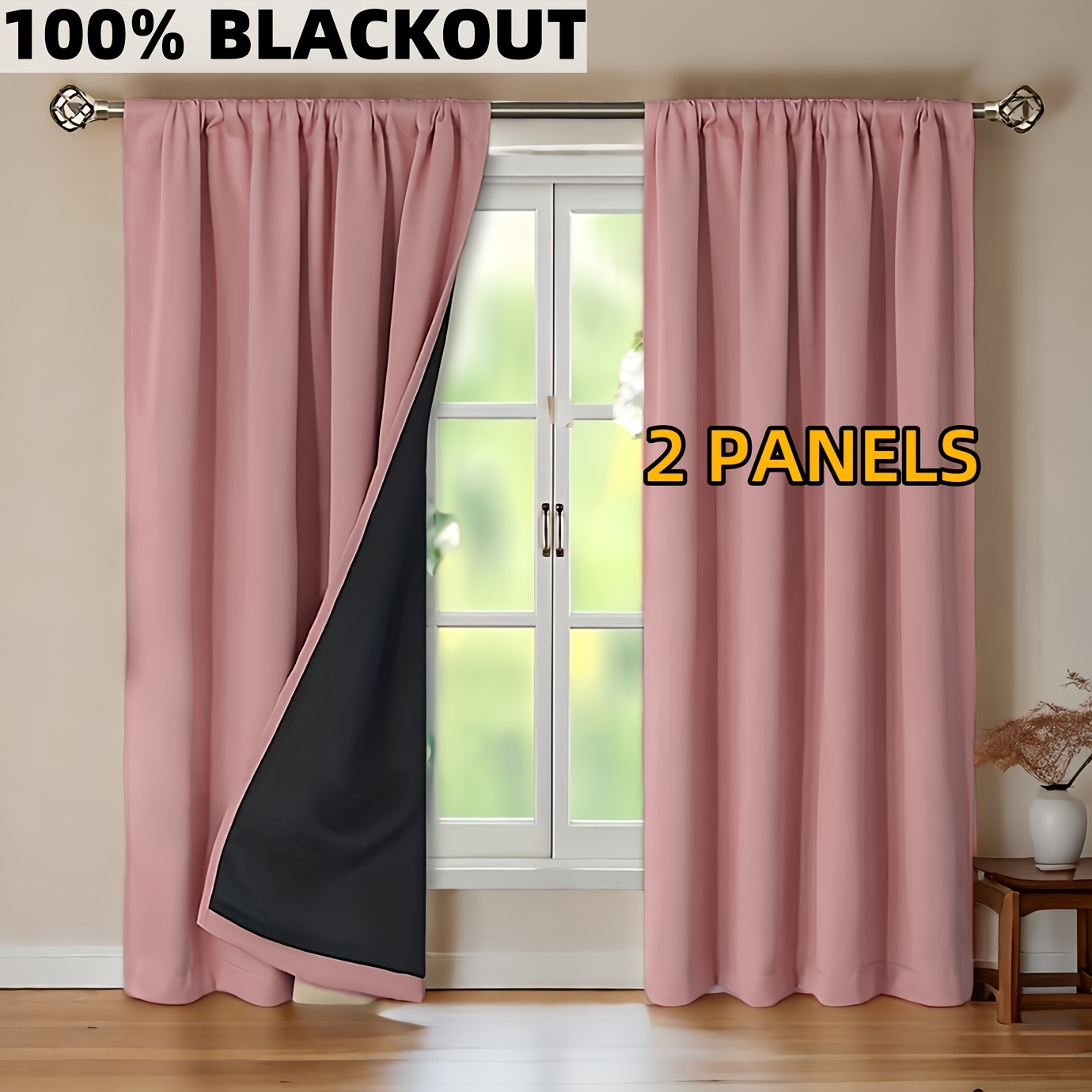 

2-panel Blackout Curtains - Solid Color, Rod With Coated Lining For Living Room, Office, Bedroom - Modern Decor