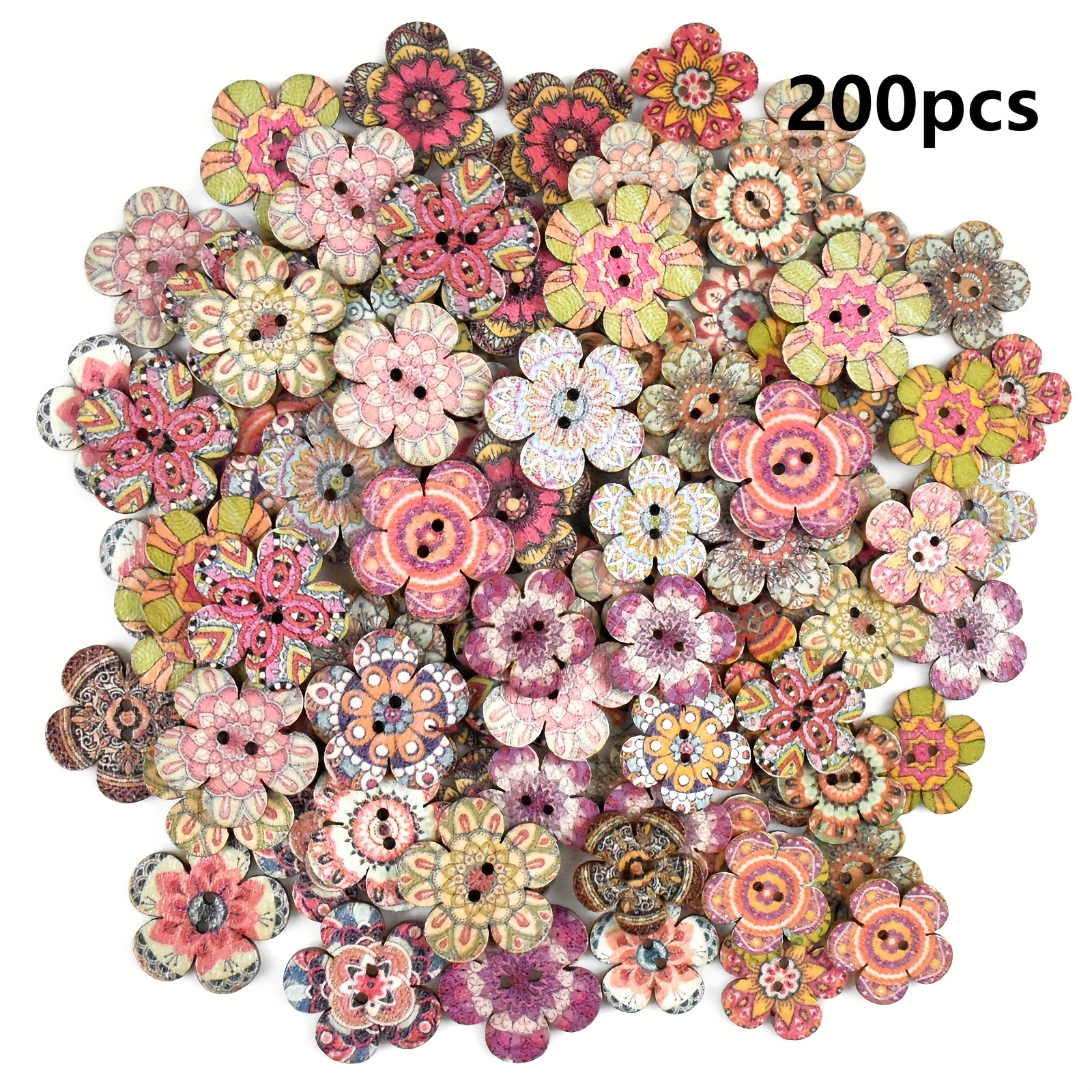 E-shop 100/200 Stück Blumenförmige Holzknöpfe, Boho-Stil Musterknöpfe, Dekoknöpfe, Bemalte Bedruckte Holzknöpfe mit kleinen Blumenmotiven, 2-Loch