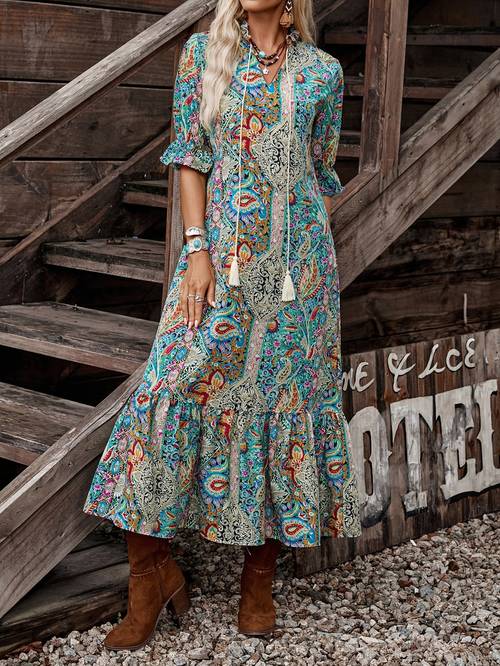 new printed fabric v neck short sleeve design tassel decorated womens dress western cowboy style not included draping layered bohemian style elegant party wear date night new year casual