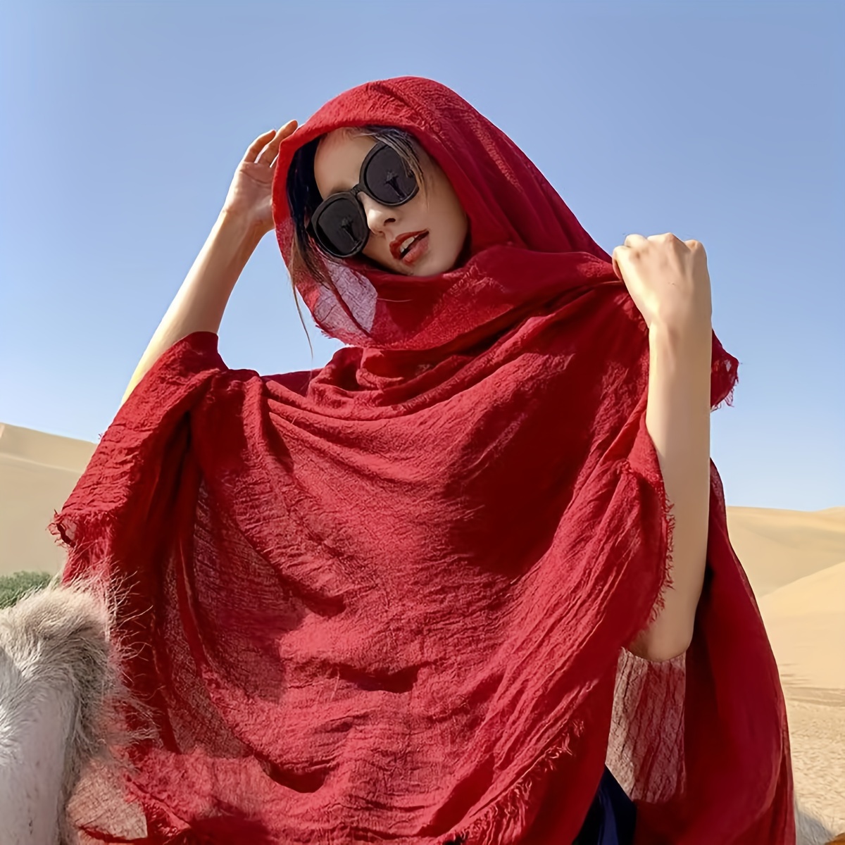 

[elegant Style] Oversized -chic Red Shawl | Lightweight, Breathable Polyester With Tassel | Windproof & Sun-protective Long Scarf For Beach, Desert Travel & | Elegant Solid Color Wrap For Women