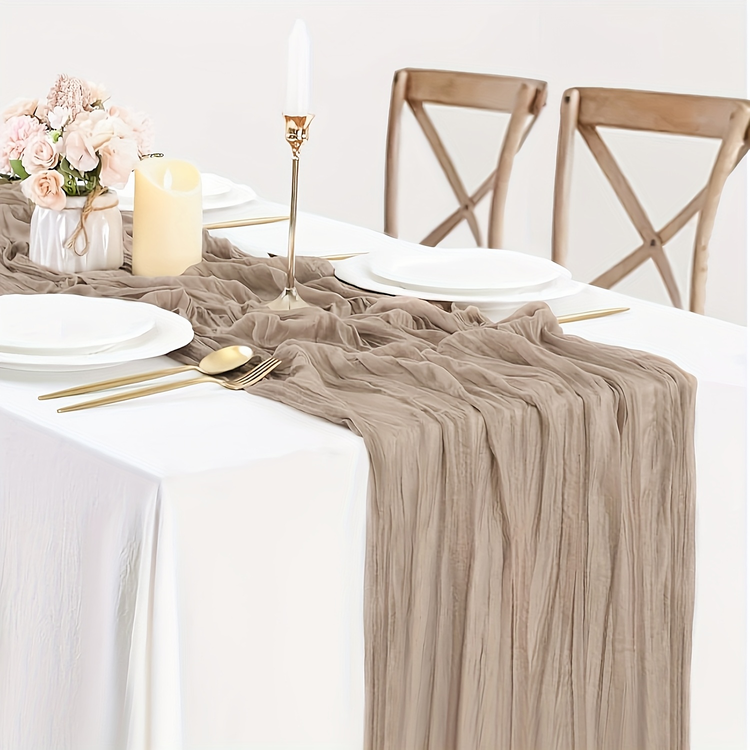 Image of 1pc Nude Cheese Cloth Table Runner, (. 3 Meters) Light Brown Bohemian Gauze Tablecloth, Suitable For Wedding Party Bridal Shower, Room Home Decor Party Decoration