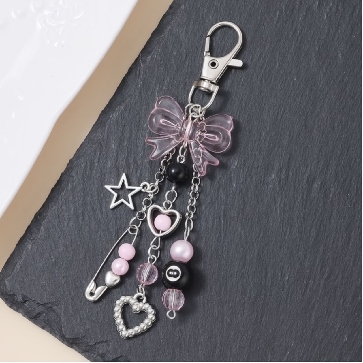 TEMU 1pc Style Resin Beaded Keychain, Alloy Material - And Bow, Heart Additions, Multi-element Matching Additions, Decorative Bag Additions, Perfect