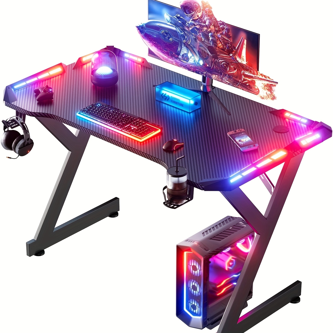 TEMU Gaming Desk With Led Lights, Home Office Gamer Desk, Ergonomic Computer Table With Large Carbon Fiber Desktop, Computer Desk With Cup Holder &