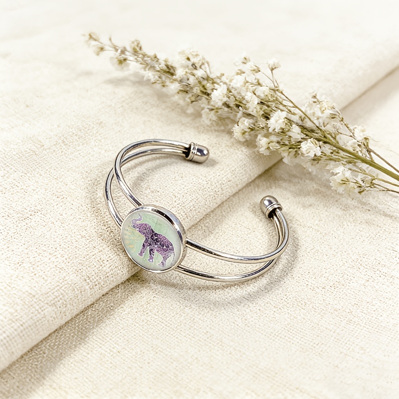 Adjustable Open Bangle with Purple Elephant Pattern
