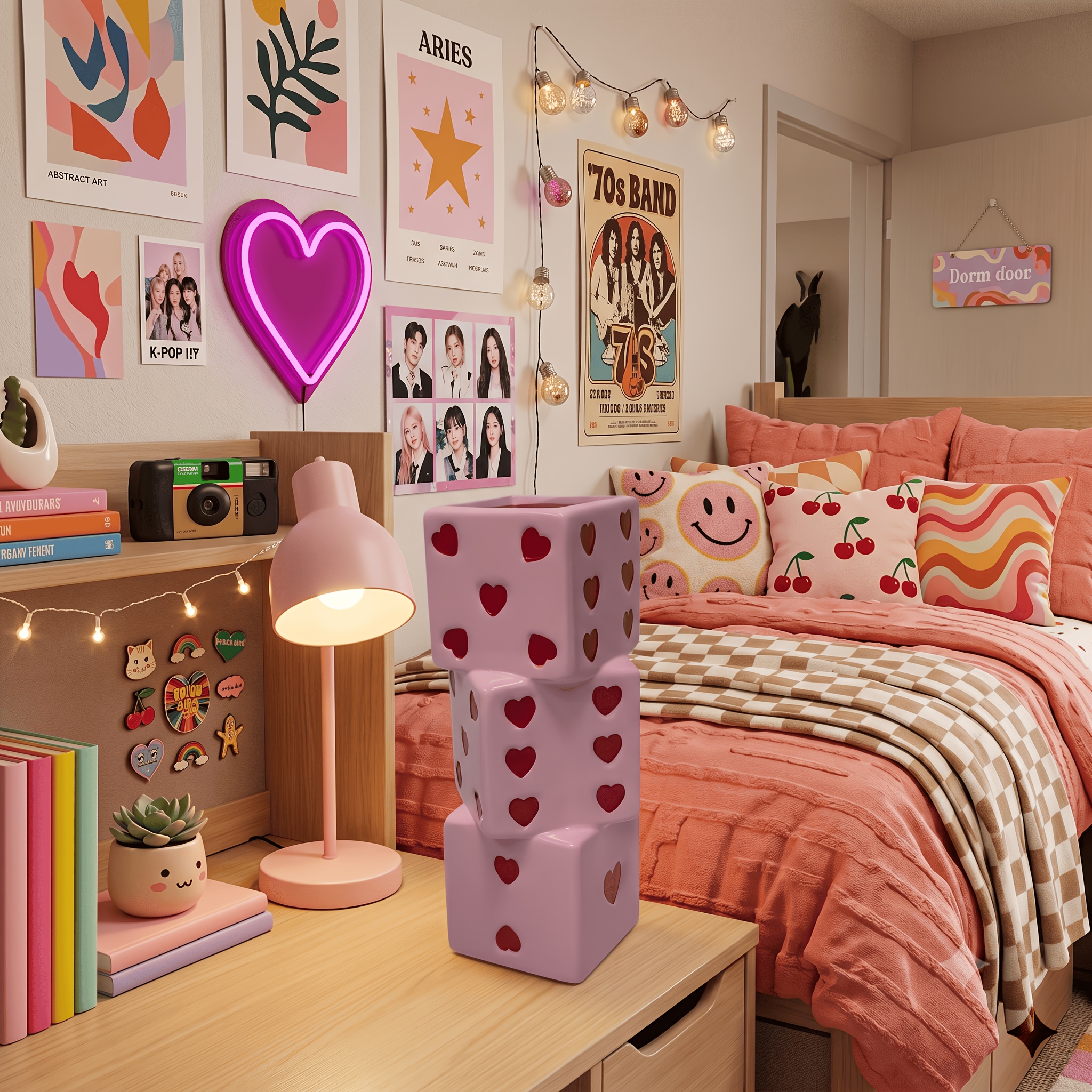 TEMU 1pc Ceramic Dice Vase, Cute Pink Heart Stacked Dice Vase, Home Decoration Ornament, Suitable For Living Room, Bookshelf, Office Decor,