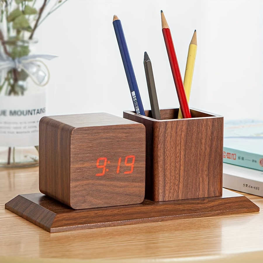 Wooden Pen Holder With Clock - Wooden Table Clock, Wood Pencil Holder, Decorative Clock Desk Organizer, Pen holder for offers desk.