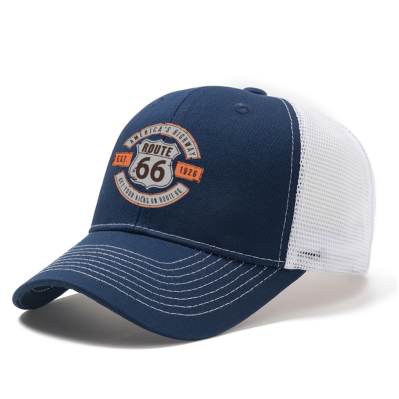 TEMU Unisex Hard Top Mesh Breathable Baseball , Printed 66th Highway Curved Brim Hat, Summer Outdoor Sun Hat, Truck Driver Baseball , Casual Outdoor