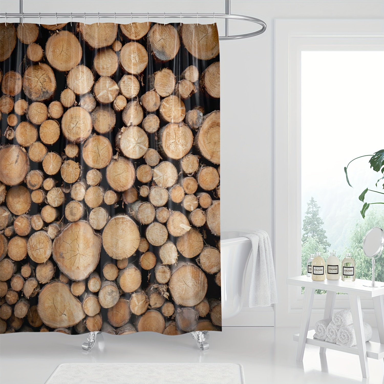 

1pc Rustic Log Pile Design Shower Curtain, Waterproof Shower Curtain With Hooks, Bathroom Partition, Bathroom Accessories, Home Decor