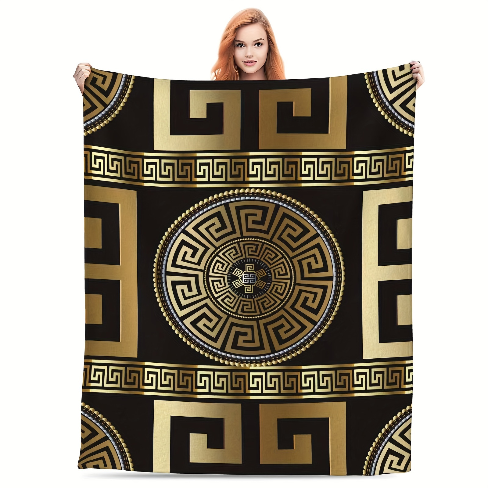 

luxurious Retro" Ultra-soft Vintage Geometric Flannel Throw Blanket - Black & Gold Greek Key Design, Allergy-friendly, Perfect For Couch, Bed, And Living Room Decor
