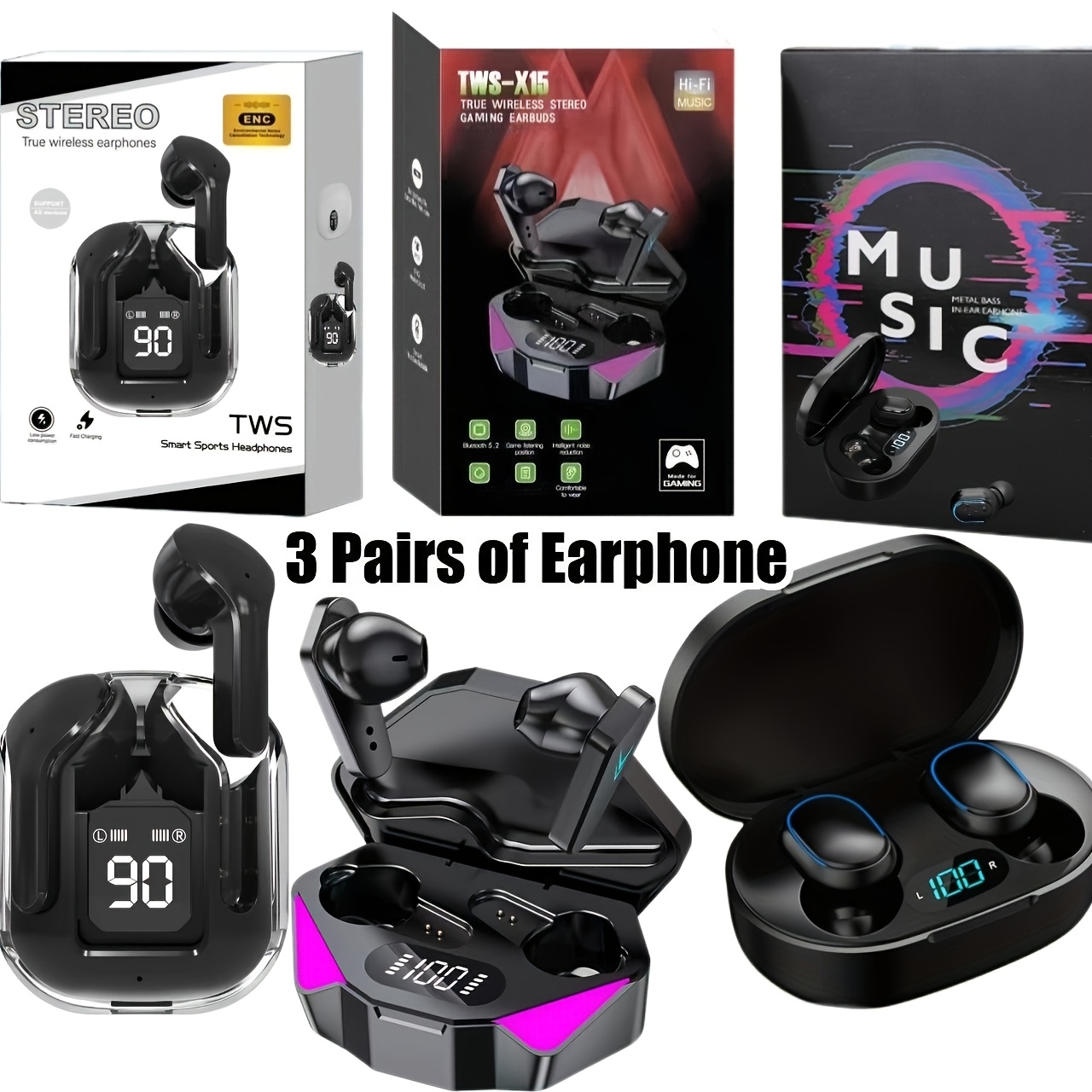 TEMU 3pcs Headphone Set| Wireless Earbuds Bt Noise Cancelling, Bt 5.4 Headphones, Noise-canceling Microphone, Led Display, Touch Control, Compatible