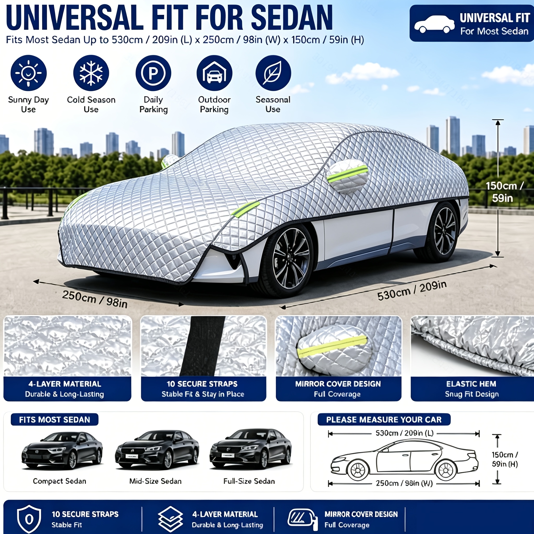 half car cover for sedan suv thickened windshield roof protector snowproof dustproof sunshade with reflective strips and mirror pockets foldable  