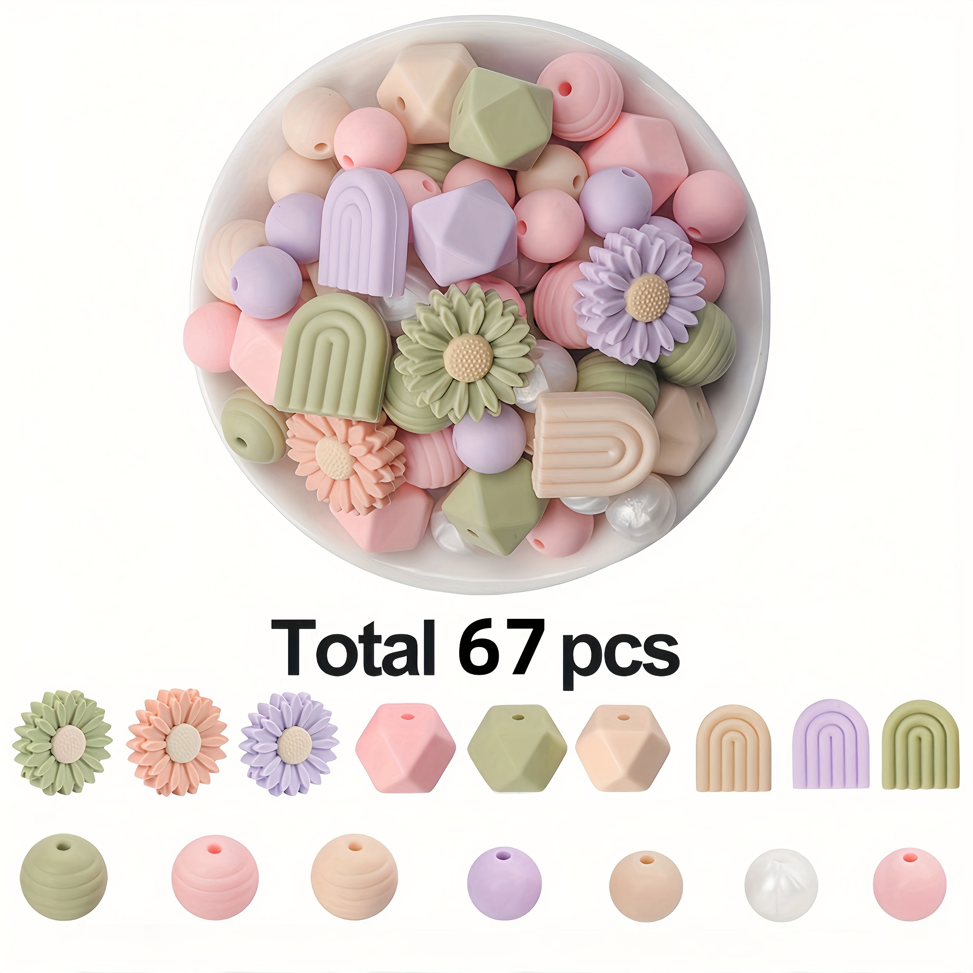 E-shop 67-teiliges Silikon Gänseblümchen Perlen Set - Sortierte Größen & Formen, Sonnenblumenmuster, Schmuckherstellung, Dekorative Bastelperlen für