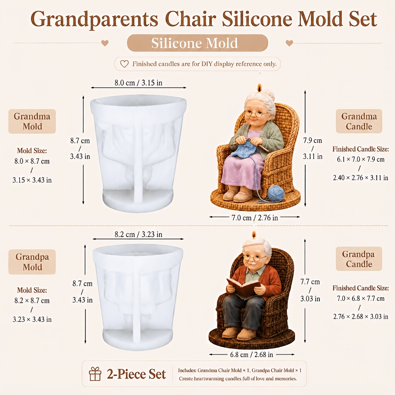 TEMU Realistic Old Couple Statue Silicone Mold 2pcs Set, Grandpa & Grandma In Wicker Chair Candle Mold For Wax Resin Plaster, Diy Anniversary Room