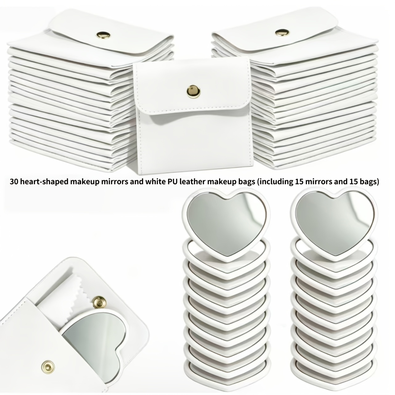 TEMU 30 Heart-shaped Makeup Mirrors And White Pu Leather Makeup Bags, Including 15 Makeup Mirrors And 15 Makeup Bags. Exquisite Makeup Mirror Set,