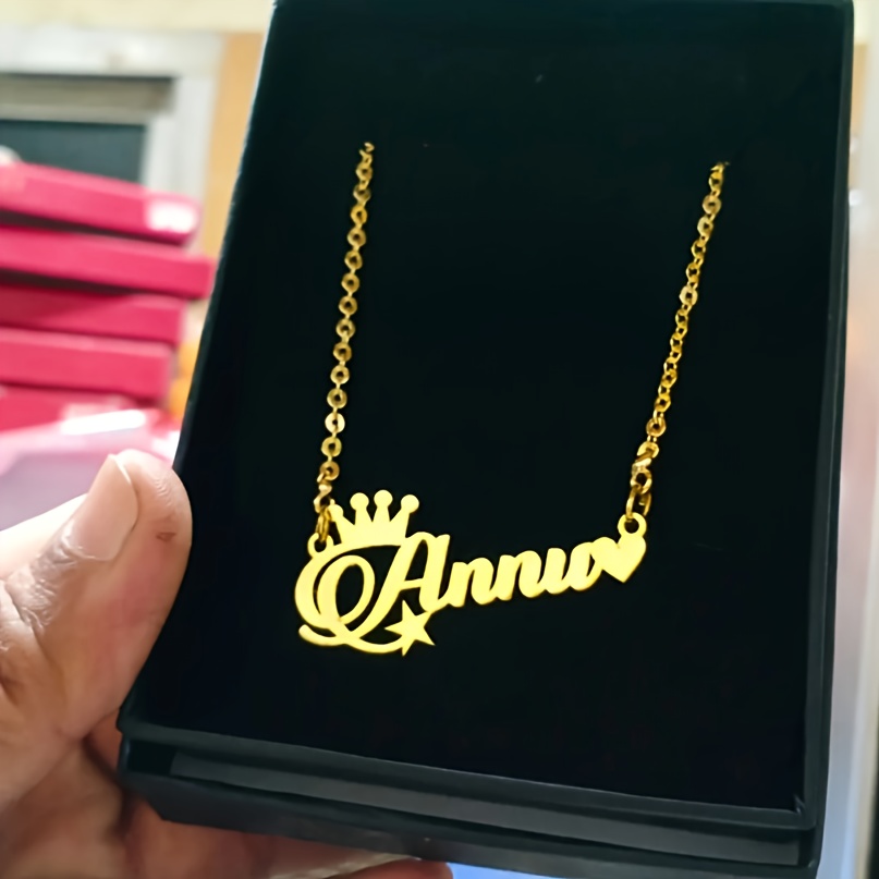 TEMU Collier Personnalisé en Acier Inoxydable avec Nom, Breloques Cœur & Étoile - Pendentif Couronne de Princesse sur Mesure, pour Elle, Anglais