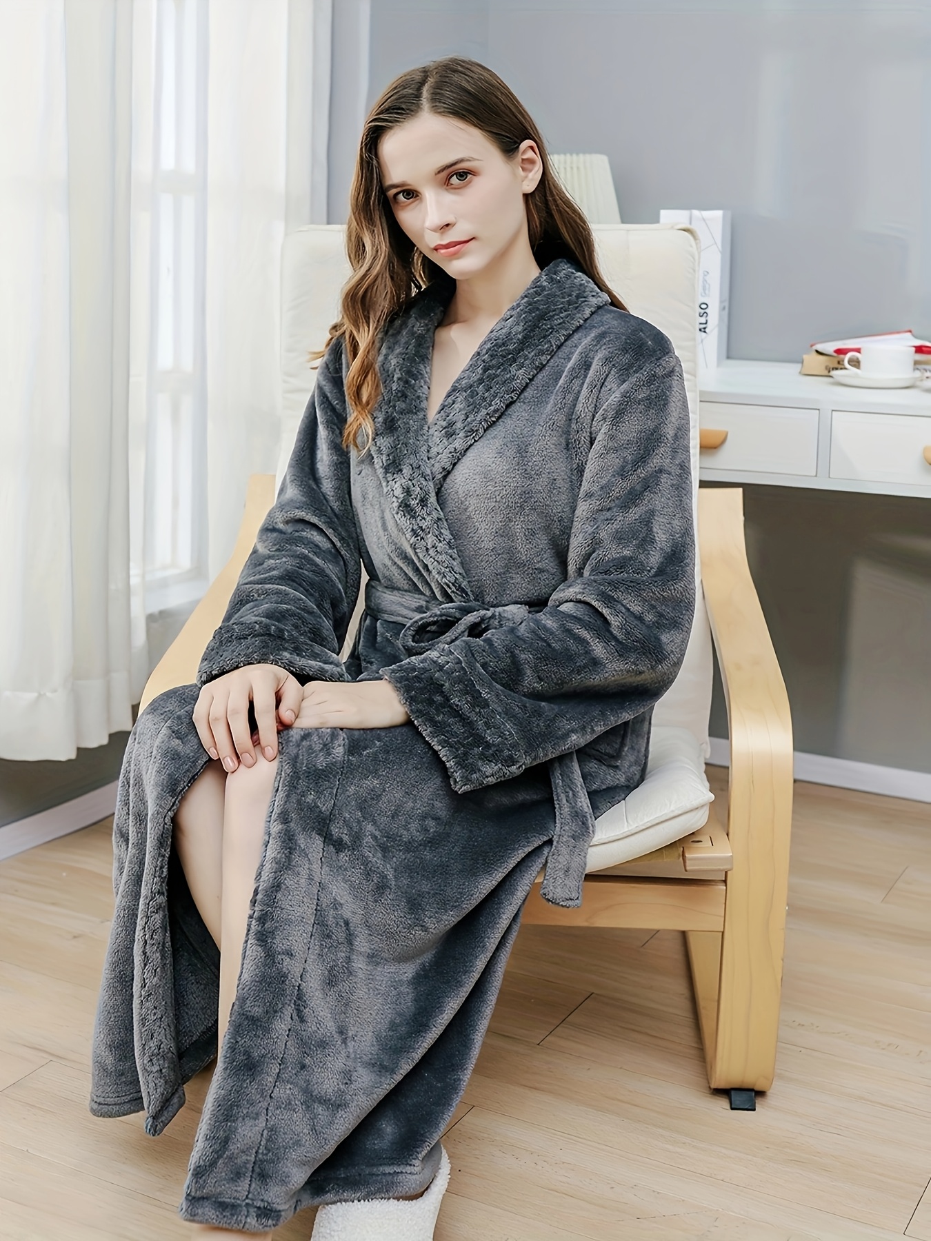 1pc Bathrobe Women or Men Plus Size for Winter & Spring & Autumn, No Hooded, Grey, Long, Flip Collar, Plush Robe for Bathroom, Bedroom, Thicken Flannel Towel for Shower, Sleepwear Gown, Can As Couple Home Clothes Robes