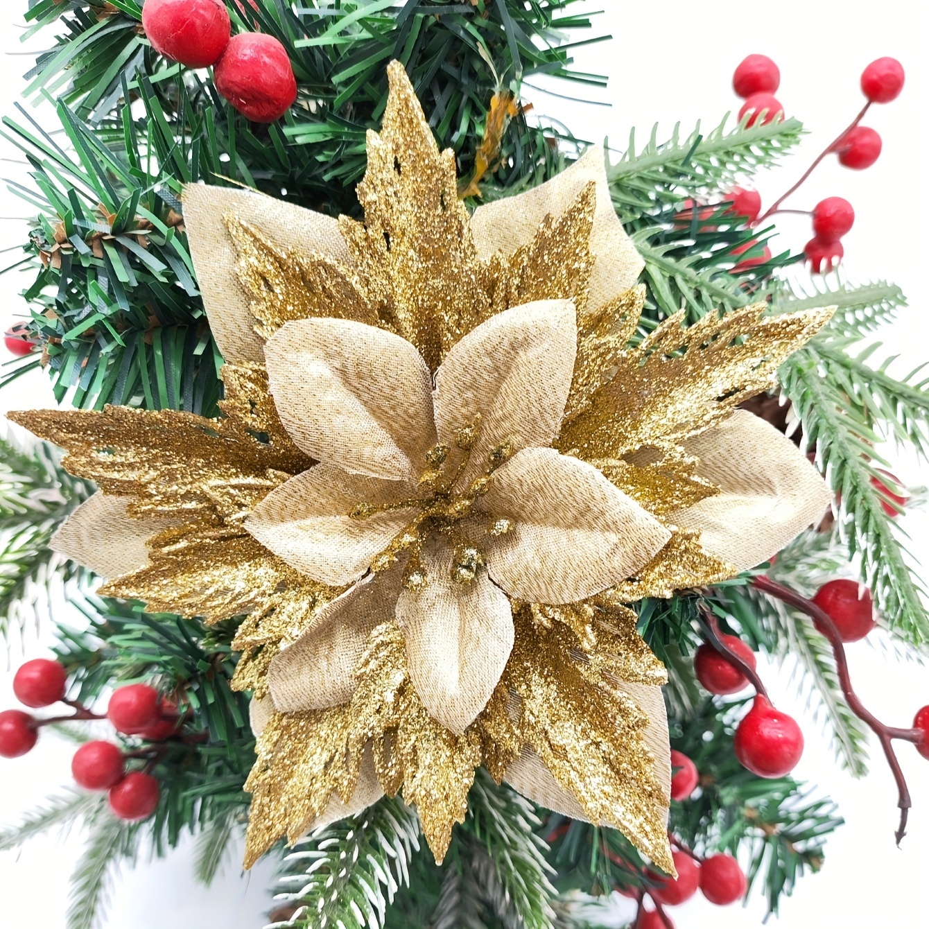 TEMU Lot de 10 Fleurs de Noël Multicolores à Couches de 6.3" avec Paillettes Dorées - Parfaites pour Couronnes d'Arbre & Décorations de Fêtes, Pas de