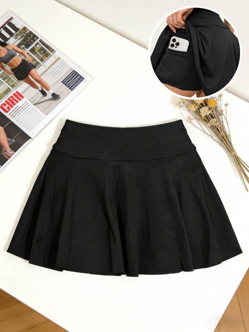 womens casual solid-color skirt-pants, elastic high-waisted tummy-control midi skirt na may built-in safety shorts, makabagong solid-color na versatile style para sa outdoor s,, at