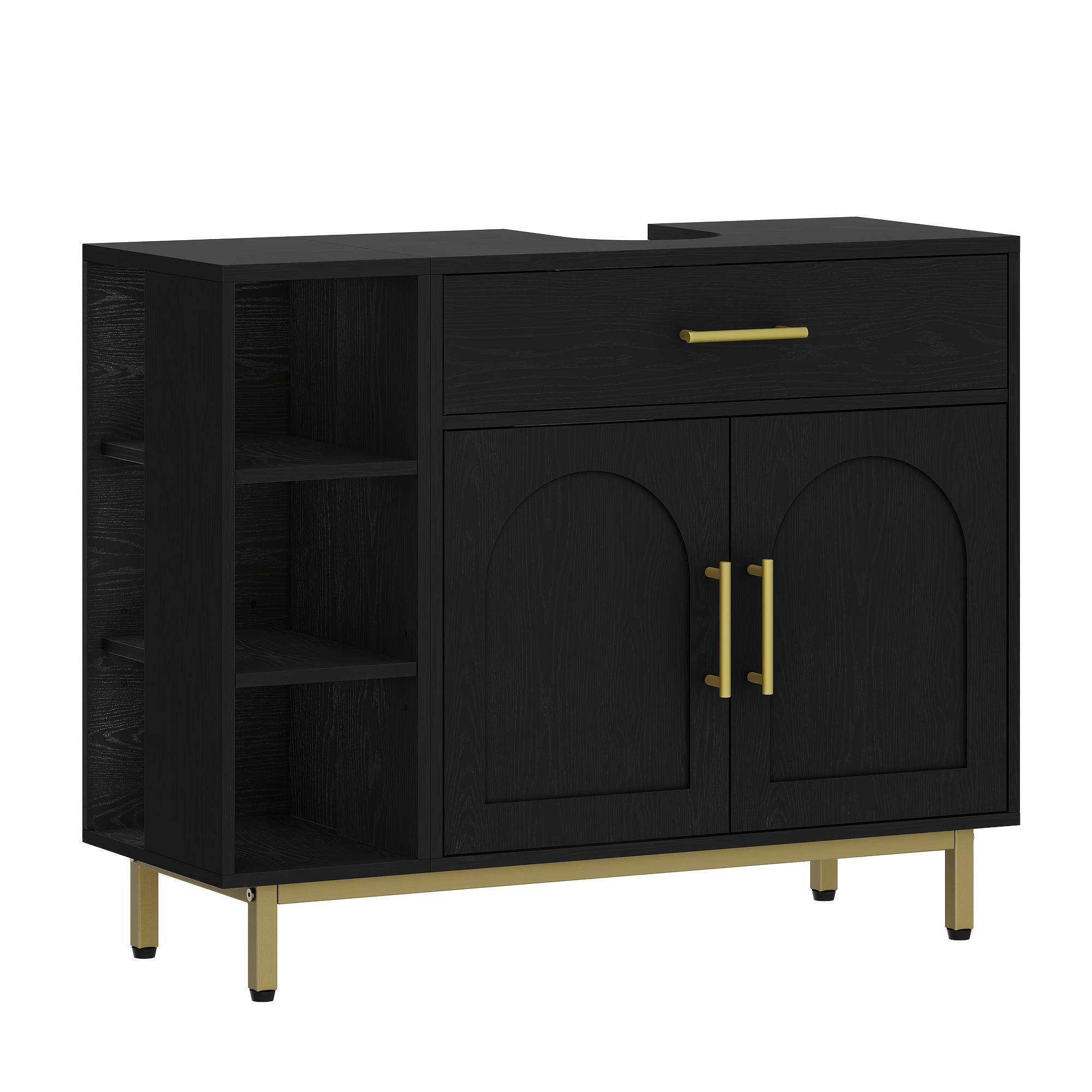 Vanity Unit, Bathroom Cabinet, 1 Drawer, 2 Doors, Open Compartment With 3 Levels, Adjustable Shelf, Black, 30 X 80 Cm