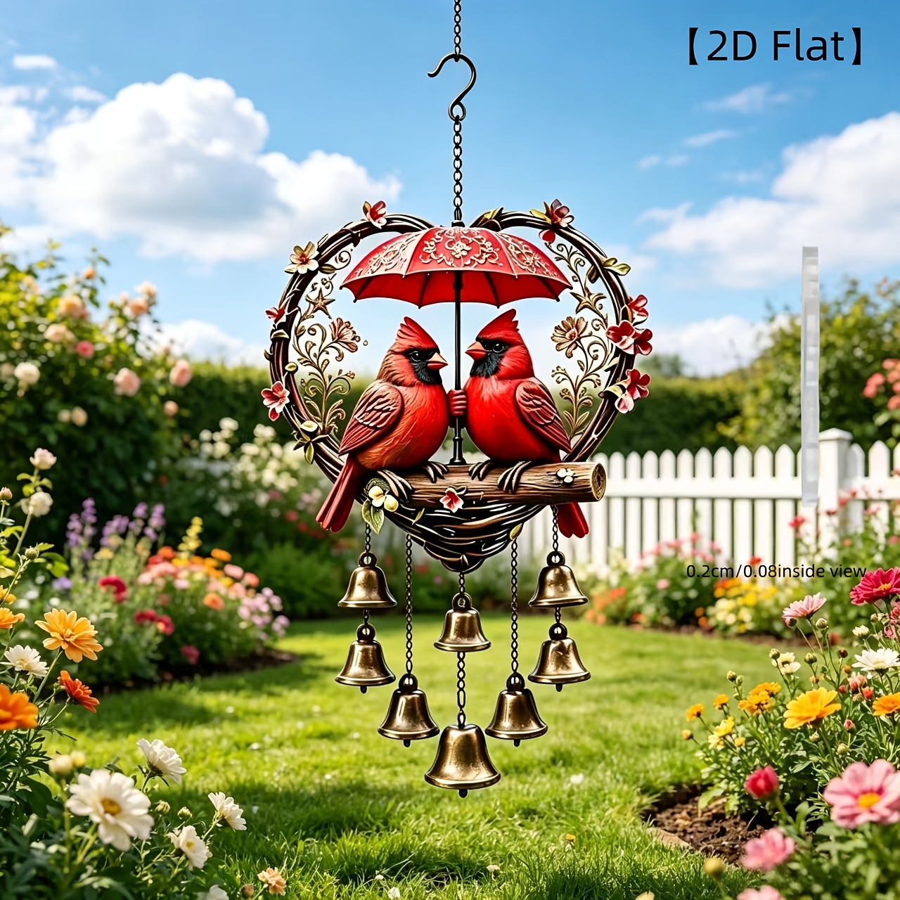 TEMU 2d Flat, 2d [flat] 2d Flat Bird With And Heart-shaped Wind Chime, Vintage Golden Bell Memorial Ornament With Flower Vine Entwining, Outdoor