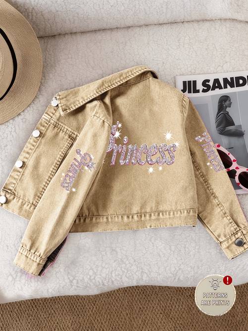 girls glitter print denim jacket letter same print stylish for school outing party