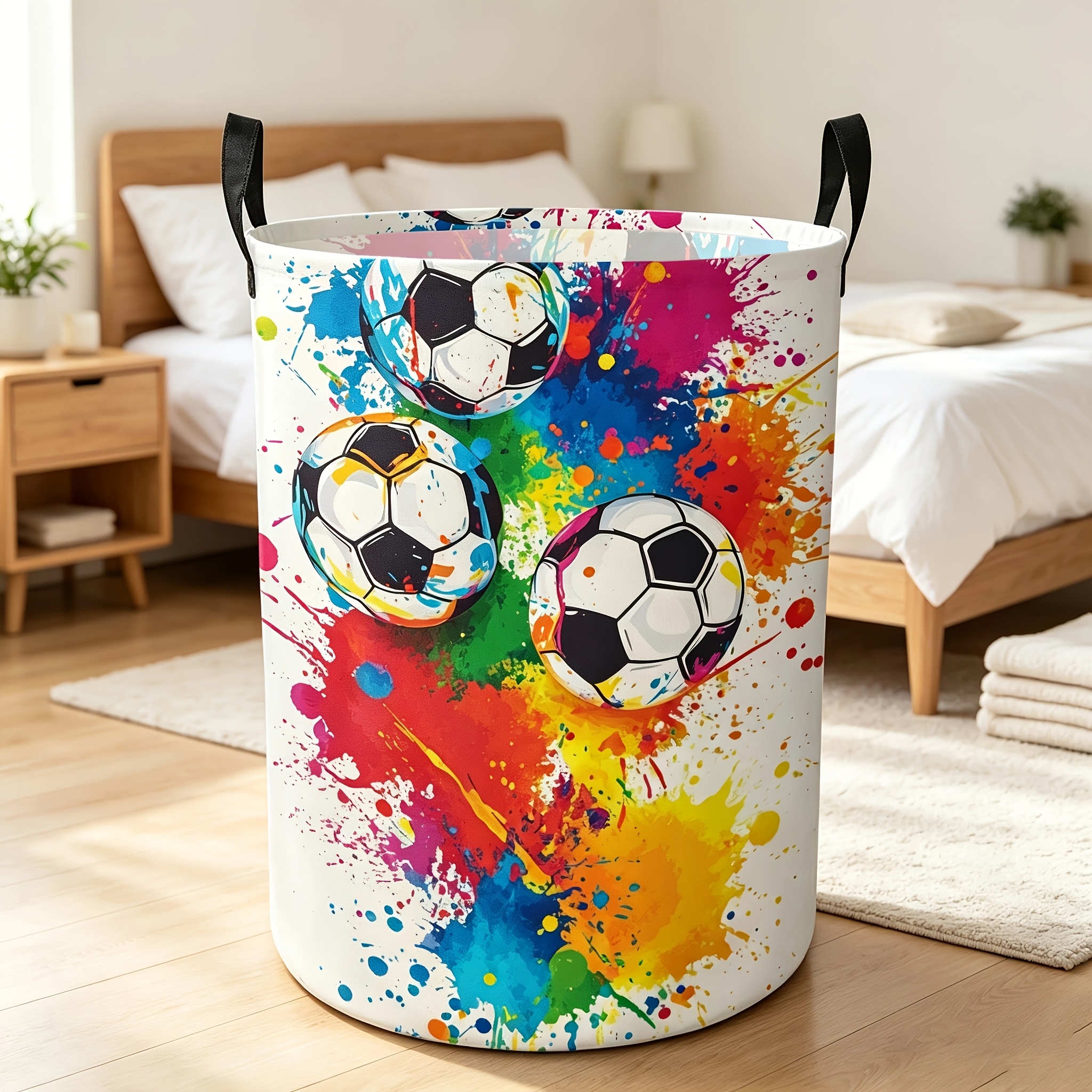 TEMU 1pc, Dirty Laundry Basket, Soccer Ball Ink Splatter Pattern, With Handles, Organizing Basket For Storing Clothes/books, Home Decor/storage