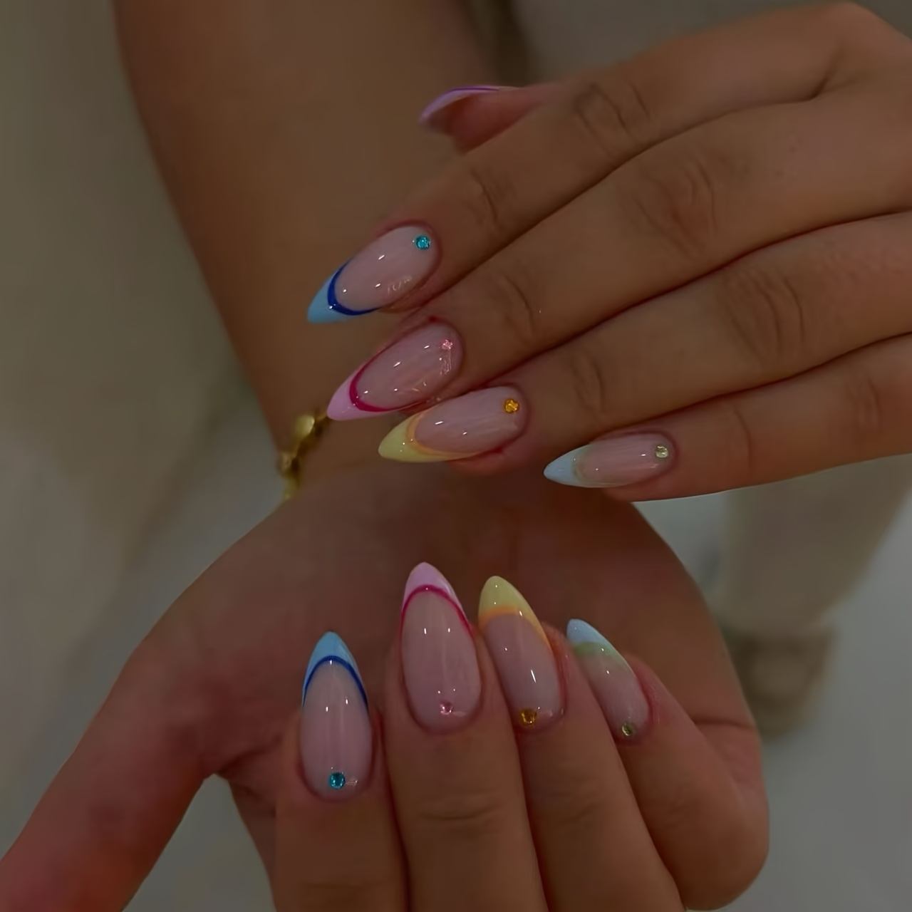 TEMU New Almond Macaron Dopamine Multicolor Double-line French Contrast 3d Rhinestone Press-on Nails, Including Purple, Pink, Blue, Yellow, Orange,