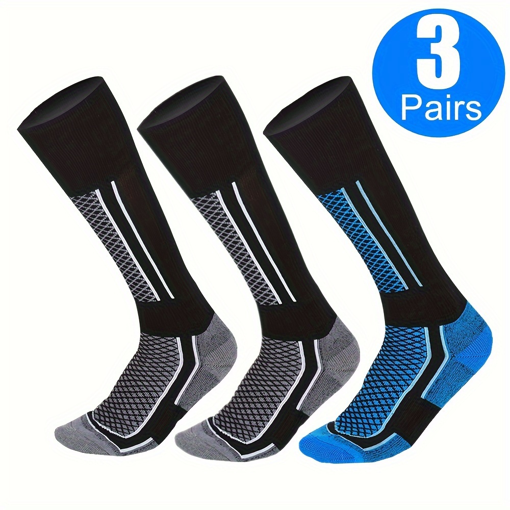 

3pcs , Warm & Breathable Knee-high Sports Socks For Skiing, Hiking & Running - Striped, Polyester/nylon