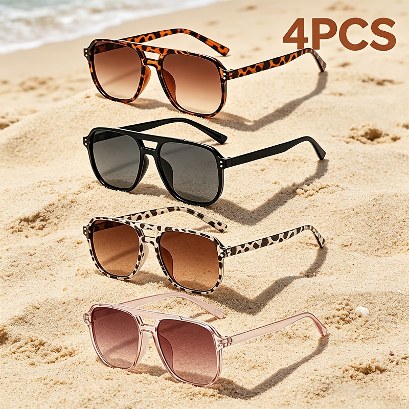 TEMU 4 Pairs Of Polarized Sunglasses For Men And Women Pilots, Vintage Leopard Print Glasses For Women, And Stylish Double Beam Glasses, Suitable For