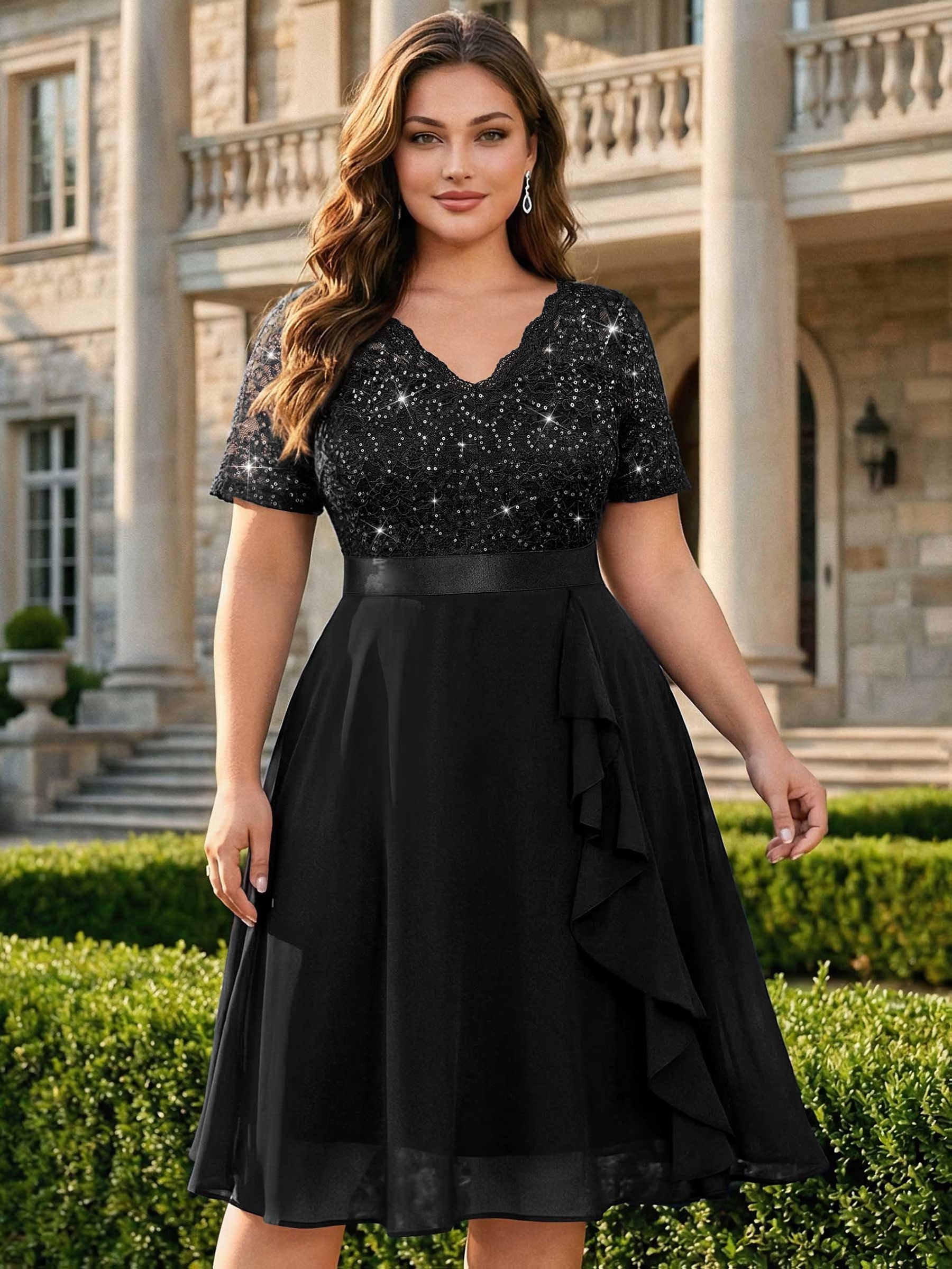 plus size chiffon swing dress plus size 84118 plus new popular elegant sequin lace v neck