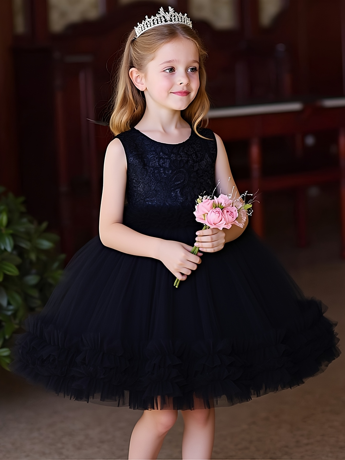 A Black Evening Gown for Girls' Party, Featuring a Luxurious Multi-Layered  Cake Princess Dress. This Sleeveless, Stylish Dress Is a * with Lace  Splicing * Everyday Wear And Festive Occasions