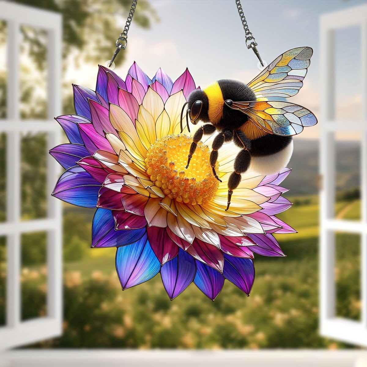 Beehive suncatcher, stained glass window decoration, bumblebee honey selling hive