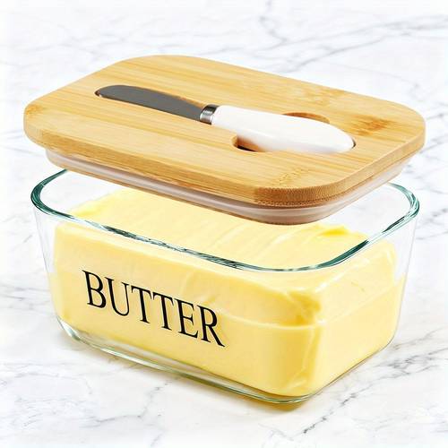 large glass butter dish with lid the capacity to holds 1lb of butter butter keeper with knife for countertop and high kitchen decor and gifts for countertop and refrigerator door shelf