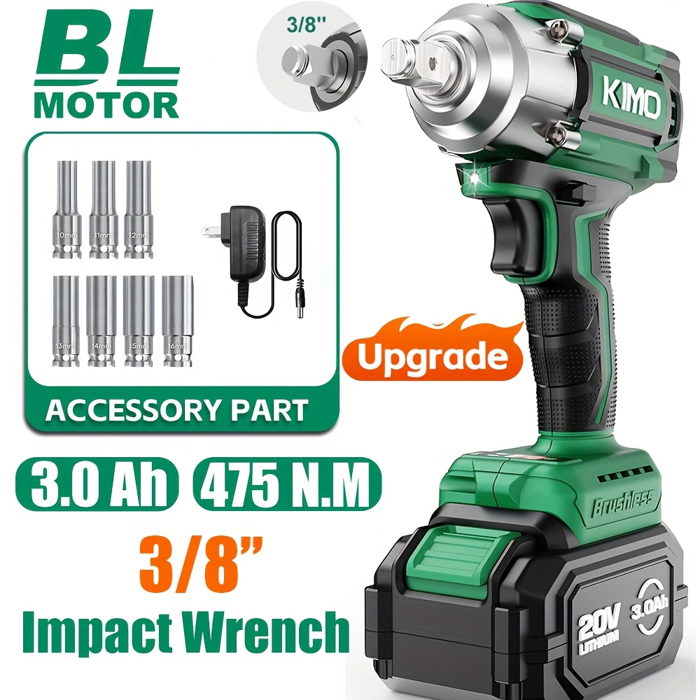 

Kimo 20v Cordless Impact Wrench Set, Brushless Impact Wrench With 3/8" , 4900in-lbs(550n.m) 3000 Rpm, 3.0li-, Charger, 7 Sockets, Power Impact Wrench For Home Car