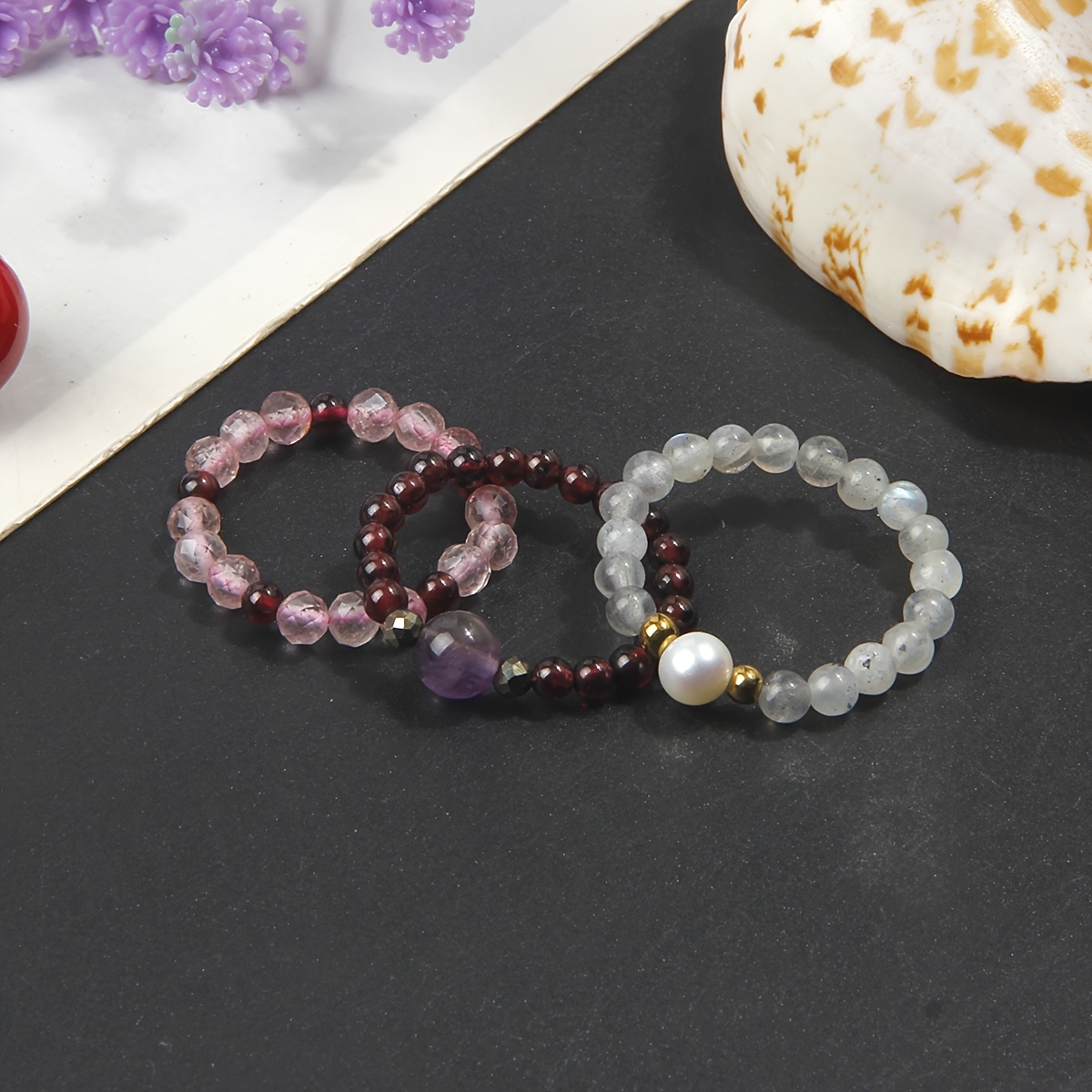 3pcs Natural Rose Quartz Stackable Ring Set, Exquisite Gift