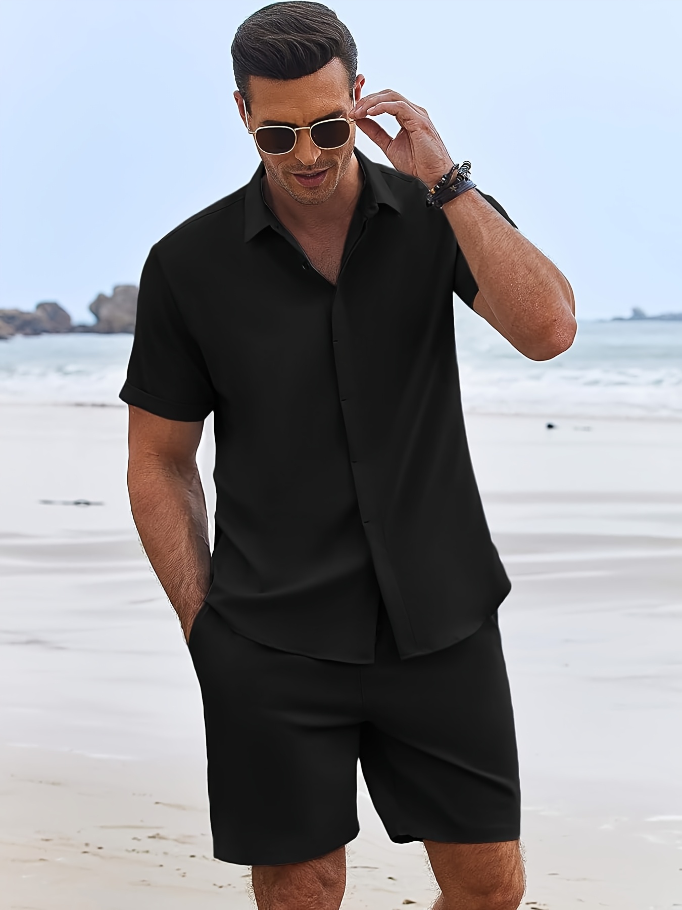 Casual Beach Outfits Beach Shirt And Shorts *'s Navy Blue 2pcs