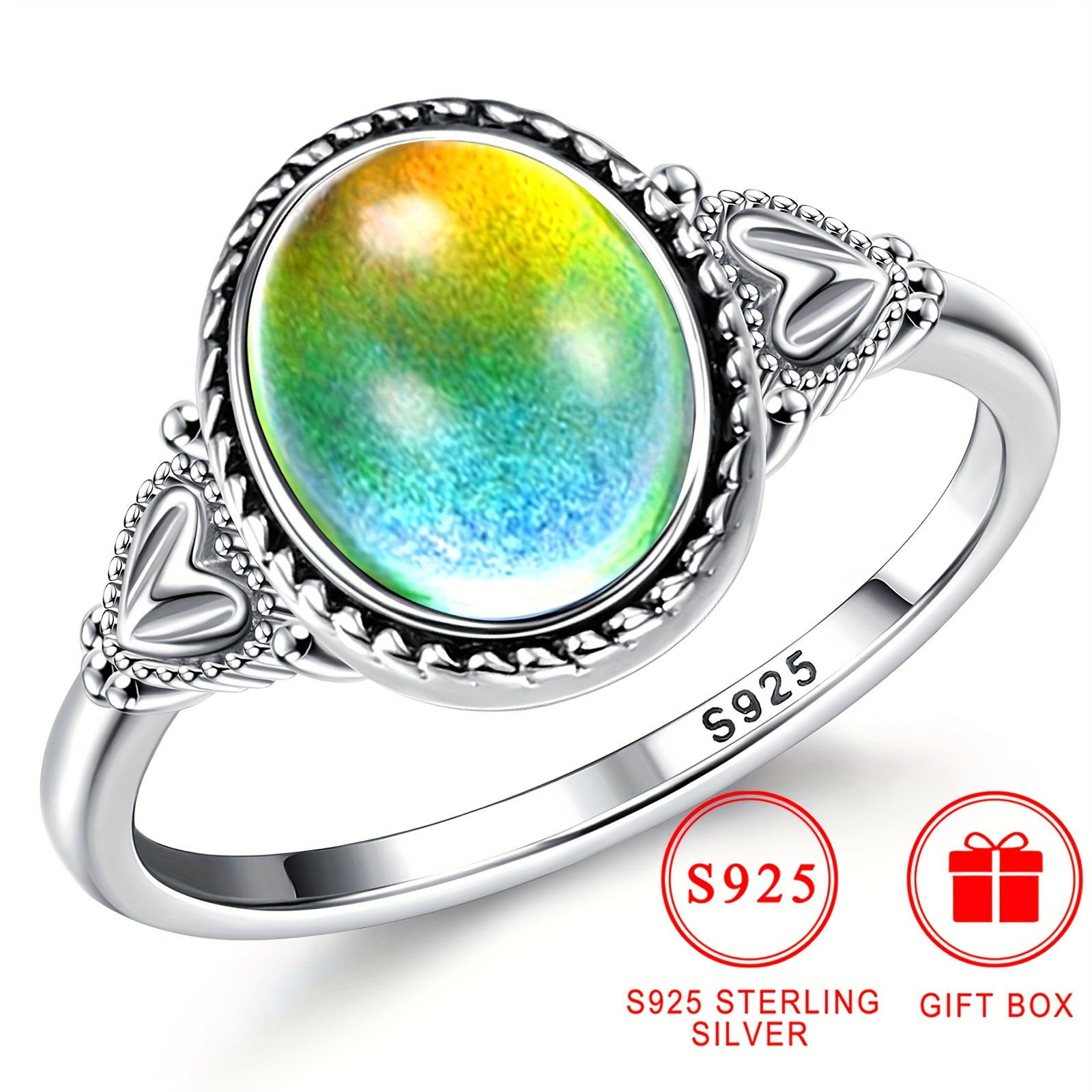 

Vintage Heart-shaped S925 Silver Mood Ring, Temperature-sensitive Color Changing, Handcrafted Victorian Oval Design, And Gift-, Includes Gift Box, 2.5g, Party