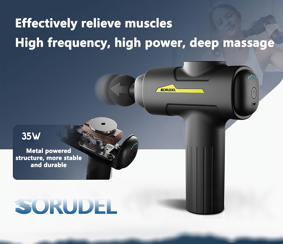 SORUDEL deep tissue massage gun with 8 massage heads, handheld electric muscle massager, high-power myofascial impact device, battery powered, rechargeable18650 lithium battery, 6-speed, 10 minute automatic stop function, portable, with carrying case